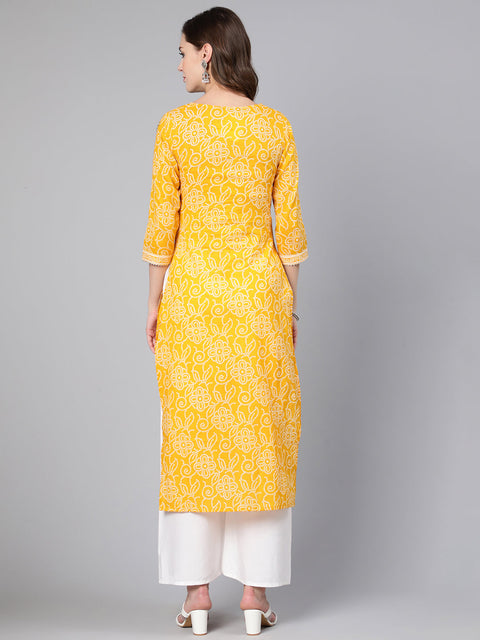 Women Yellow Bandhani Printed Straight Kurta With Three Quarter Sleeves