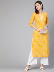 Women Yellow Bandhani Printed Straight Kurta With Three Quarter Sleeves
