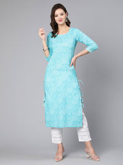 Women Aqua Blue Bandhani Printed Straight Kurta With Three Quarter Sleeves