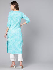 Women Aqua Blue Bandhani Printed Straight Kurta With Three Quarter Sleeves