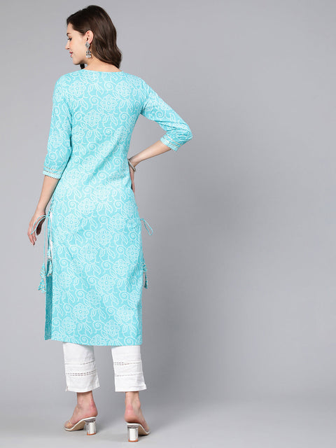 Women Aqua Blue Bandhani Printed Straight Kurta With Three Quarter Sleeves