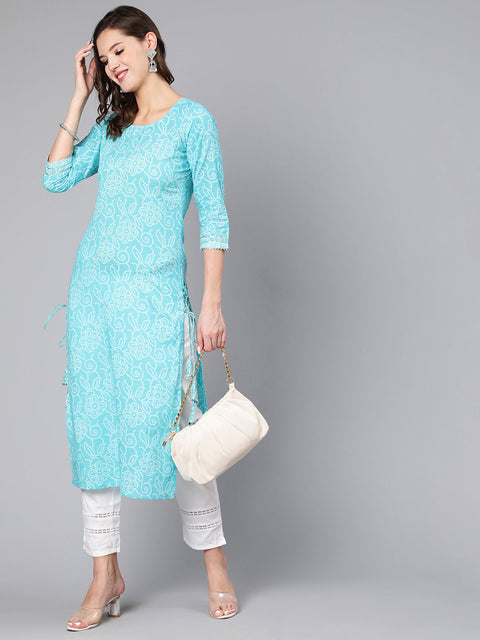 Women Aqua Blue Bandhani Printed Straight Kurta With Three Quarter Sleeves