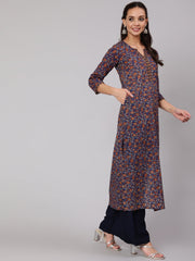 Women Blue & Beige Floral Printe Straight Kurta With Three Quarter Sleeves
