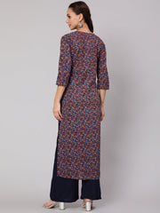 Women Blue & Beige Floral Printe Straight Kurta With Three Quarter Sleeves