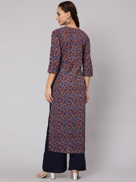 Women Blue & Beige Floral Printe Straight Kurta With Three Quarter Sleeves