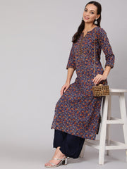 Women Blue & Beige Floral Printe Straight Kurta With Three Quarter Sleeves