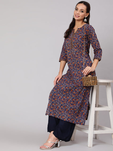 Women Blue & Beige Floral Printe Straight Kurta With Three Quarter Sleeves