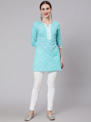 Women Aqua Blue Bandhani Printed Straight Tunic