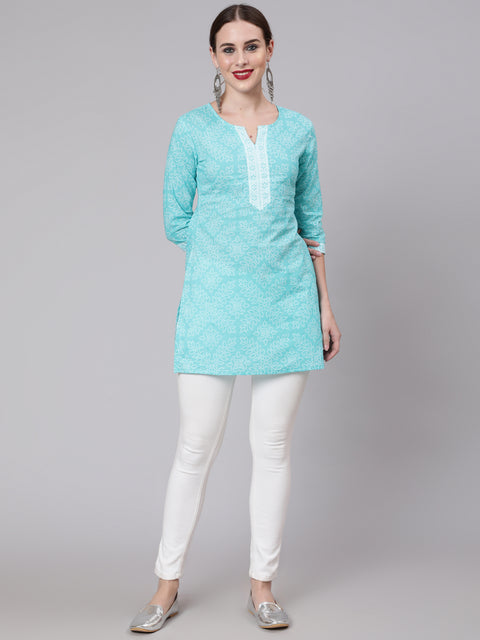 Women Aqua Blue Bandhani Printed Straight Tunic