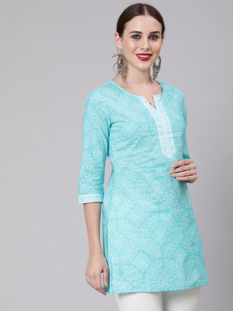 Women Aqua Blue Bandhani Printed Straight Tunic