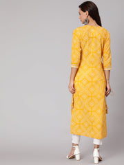 Women Yellow Bandhani Printed Straight Kurta With Three Quarter Sleeves