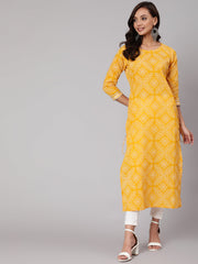 Women Yellow Bandhani Printed Straight Kurta With Three Quarter Sleeves