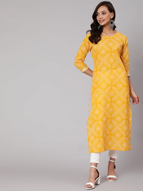 Women Yellow Bandhani Printed Straight Kurta With Three Quarter Sleeves