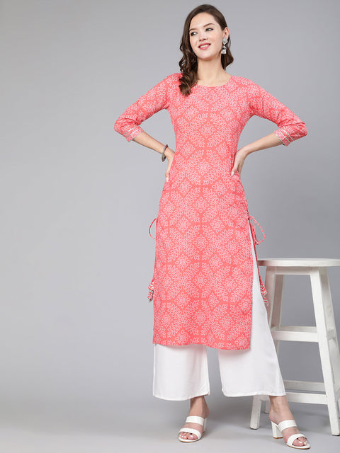 Women Pink Bandhani Printed Straight Kurta With Three Quarter Sleeves