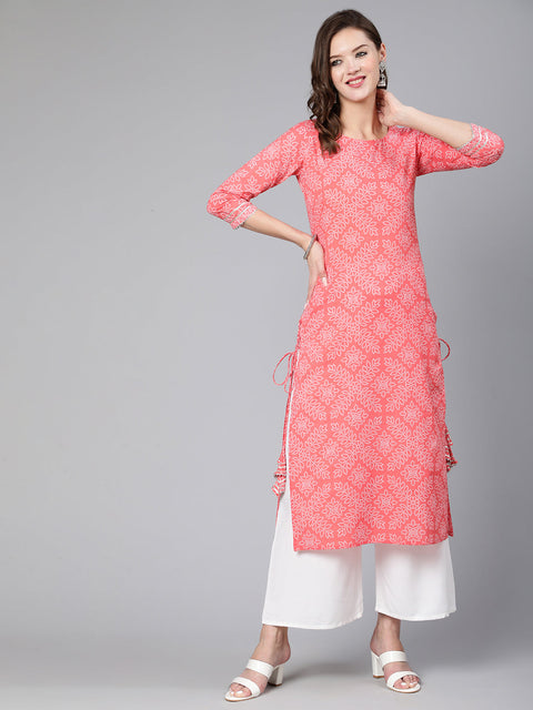Women Pink Bandhani Printed Straight Kurta With Three Quarter Sleeves