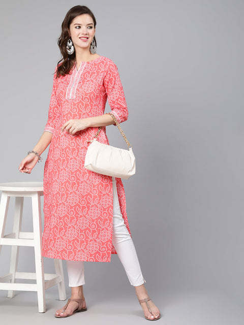 Women Pink Bandhani Printed Straight Kurta With Three Quarter Sleeves