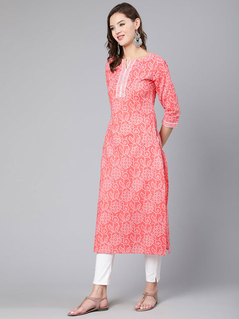 Women Pink Bandhani Printed Straight Kurta With Three Quarter Sleeves