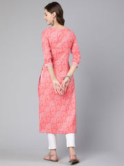 Women Pink Bandhani Printed Straight Kurta With Three Quarter Sleeves