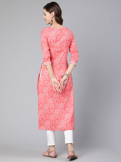 Women Pink Bandhani Printed Straight Kurta With Three Quarter Sleeves