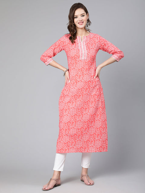 Women Pink Bandhani Printed Straight Kurta With Three Quarter Sleeves