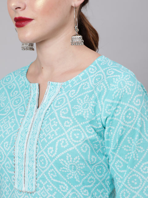 Women Aqua Blue Bandhani Printed Straight Kurta With Three Quarter Sleeves