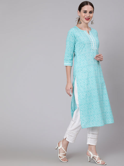 Women Aqua Blue Bandhani Printed Straight Kurta With Three Quarter Sleeves
