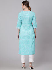 Women Aqua Blue Bandhani Printed Straight Kurta With Three Quarter Sleeves