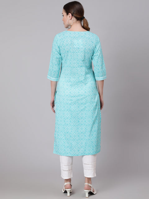 Women Aqua Blue Bandhani Printed Straight Kurta With Three Quarter Sleeves