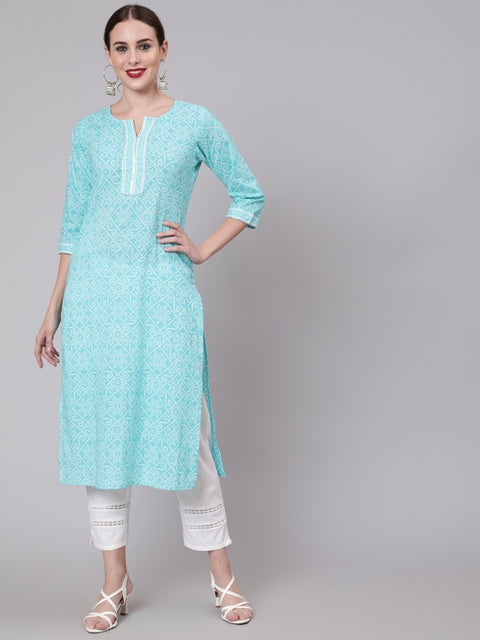 Women Aqua Blue Bandhani Printed Straight Kurta With Three Quarter Sleeves