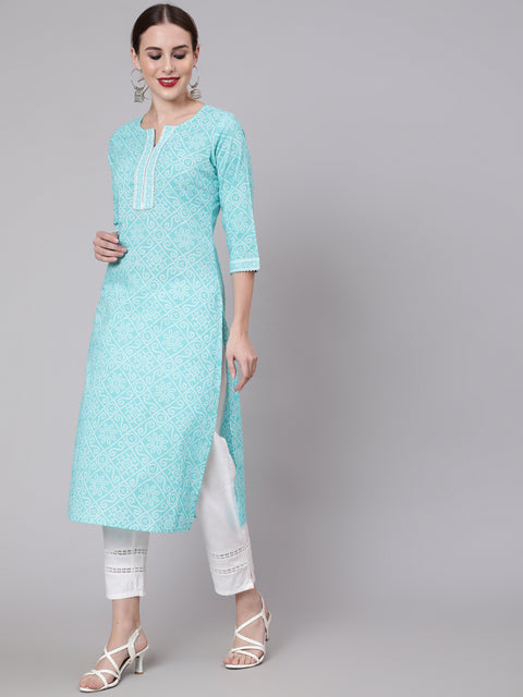 Women Aqua Blue Bandhani Printed Straight Kurta With Three Quarter Sleeves