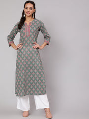 Women Grey Floral Printed Straight Kurta With Three Quarter Sleeves