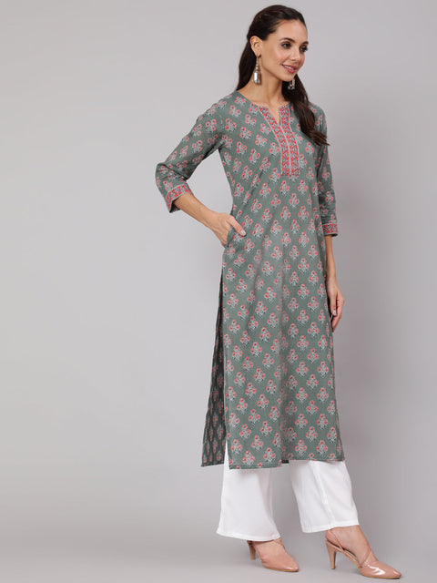 Women Grey Floral Printed Straight Kurta With Three Quarter Sleeves