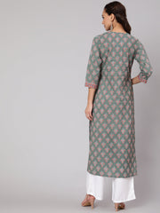 Women Grey Floral Printed Straight Kurta With Three Quarter Sleeves