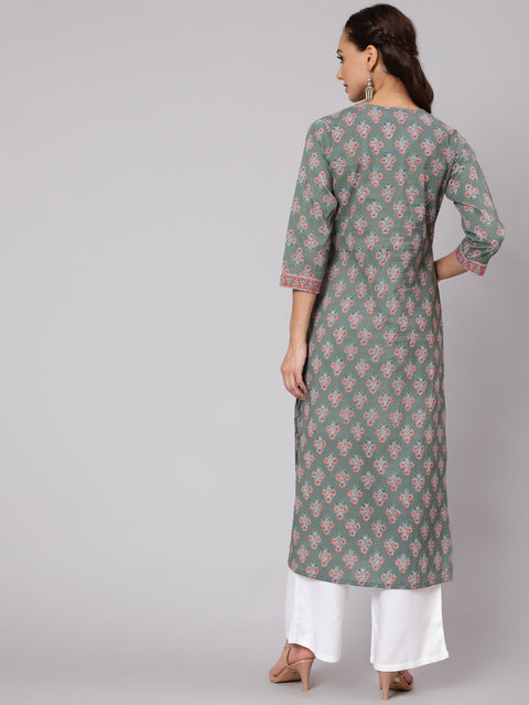 Women Grey Floral Printed Straight Kurta With Three Quarter Sleeves