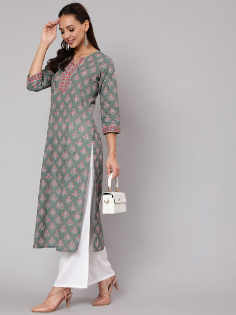 Women Grey Floral Printed Straight Kurta With Three Quarter Sleeves