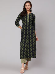 Women Blue Ethnic Printed Straight Kurta With Three Quarter Sleeves