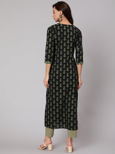 Women Blue Ethnic Printed Straight Kurta With Three Quarter Sleeves