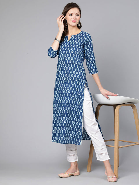 Women Blue Ethnic Printed Straight Kurta With Three Quarter Sleeves