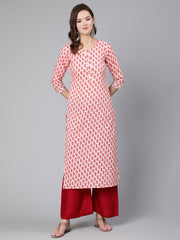 Women Pink Ethnic Printed Straight Kurta With Three Quarter Sleeves