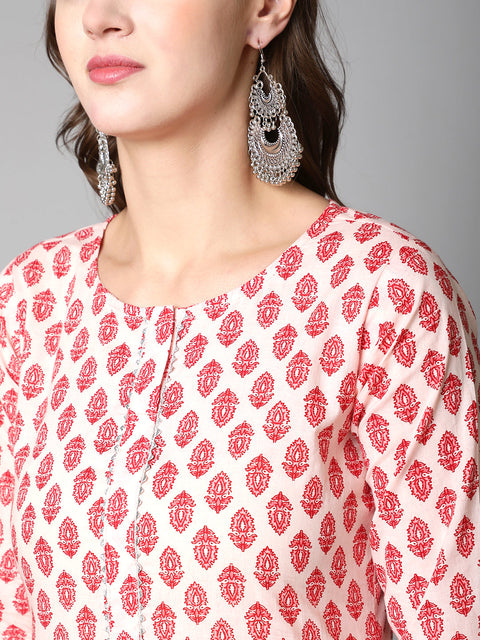 Women Pink Ethnic Printed Straight Kurta With Three Quarter Sleeves