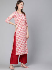 Women Pink Ethnic Printed Straight Kurta With Three Quarter Sleeves