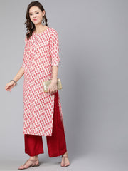 Women Pink Ethnic Printed Straight Kurta With Three Quarter Sleeves