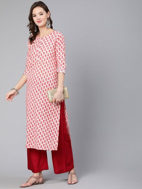 Women Pink Ethnic Printed Straight Kurta With Three Quarter Sleeves