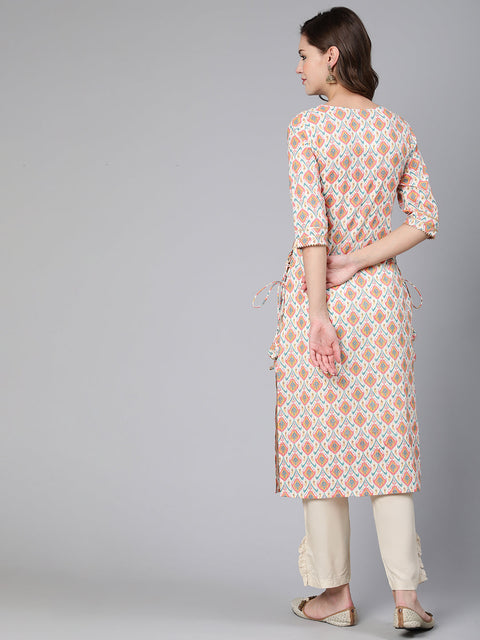 Women Multi Geometric Printed Straight Kurta With Three Quarter Sleeves