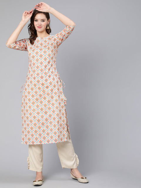 Women Multi Geometric Printed Straight Kurta With Three Quarter Sleeves