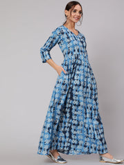 Women Blue Abstrac Printed Gathered Dress With Three Quarter Sleeves