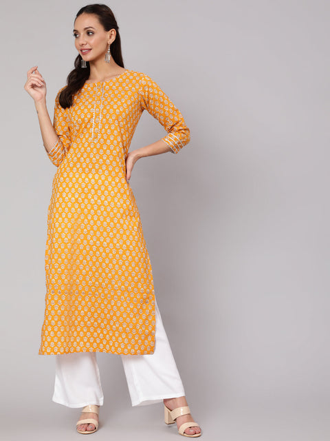 Women Mustard Ethnic Printed Straight Kurta With Three Quarter Sleeves
