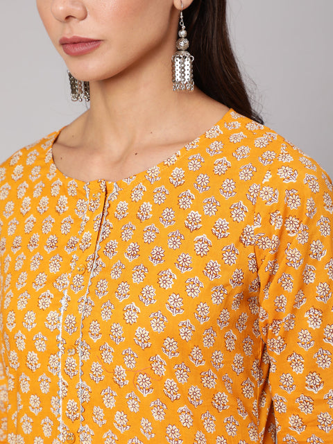 Women Mustard Ethnic Printed Straight Kurta With Three Quarter Sleeves