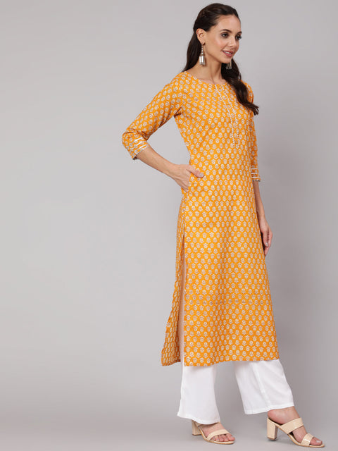 Women Mustard Ethnic Printed Straight Kurta With Three Quarter Sleeves