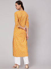 Women Mustard Ethnic Printed Straight Kurta With Three Quarter Sleeves